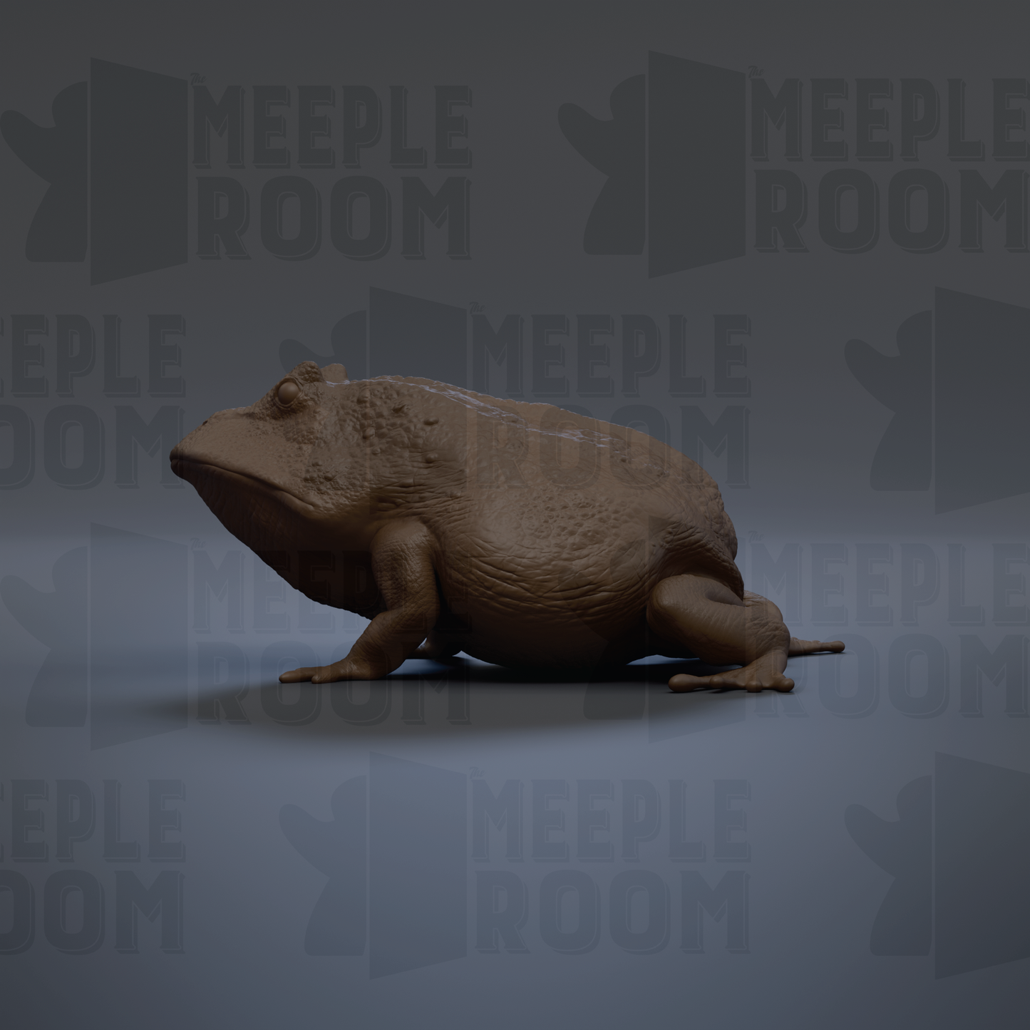 A 3D rendering of a frog sitting on a gray background.