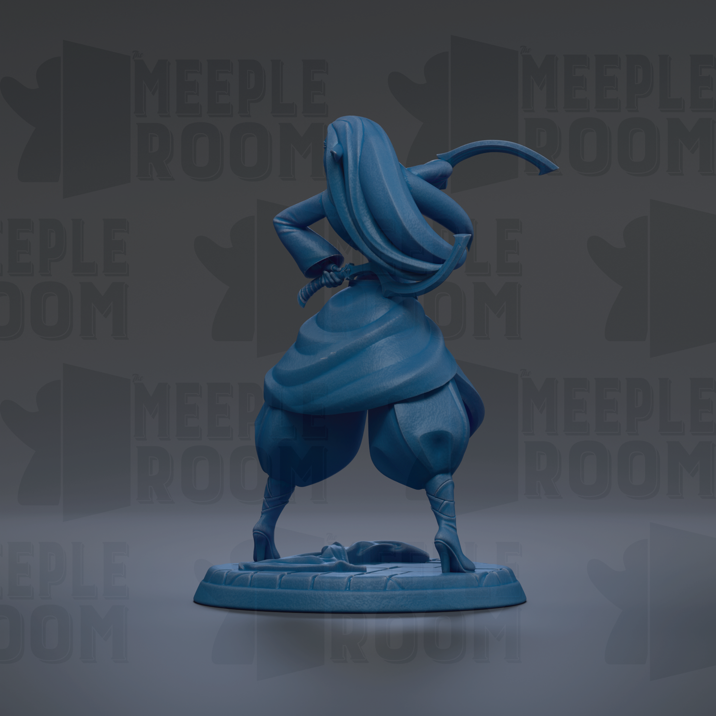 A blue figurine of a person with a long flowing robe and a sword, standing on a base.