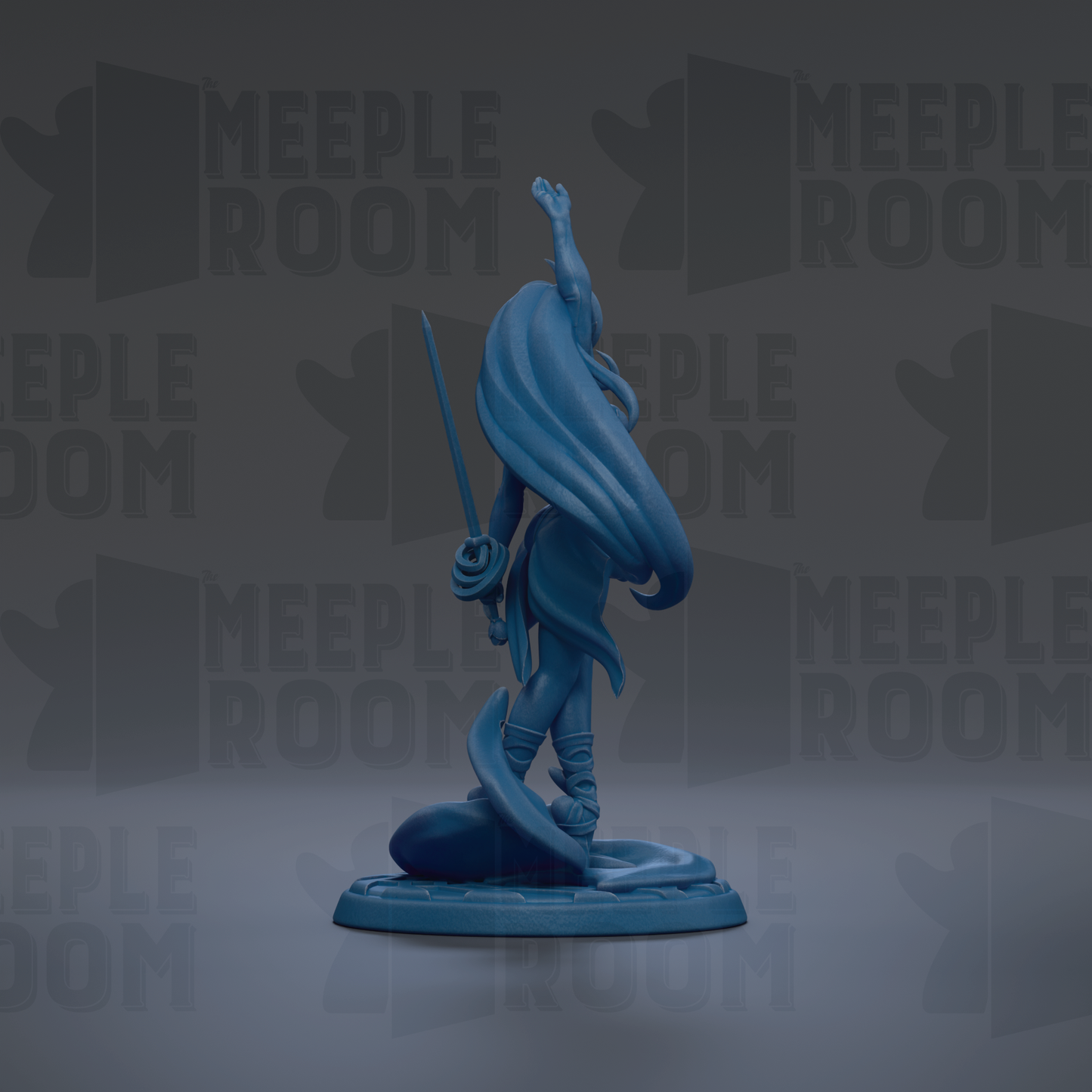 A blue figurine of a person with long hair and a sword stands on a platform against a dark background with repeated text.