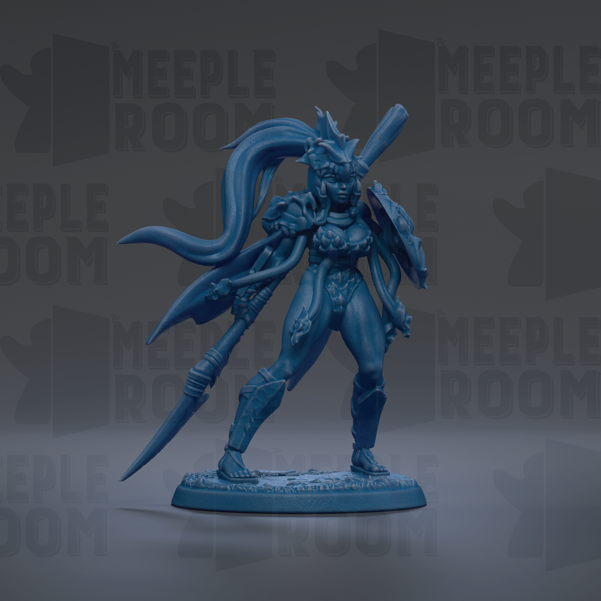 A blue figurine of a female warrior standing on a base, holding a sword and shield, with a large headdress and flowing hair.