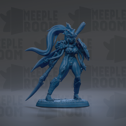 A blue figurine of a female warrior standing on a base, holding a sword and shield, with a large headdress and flowing hair.