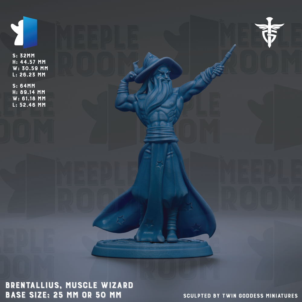 The image is a detailed 3D model of a Muscle Wizard character, specifically Brentallius, with a base size of 25mm or 50mm.