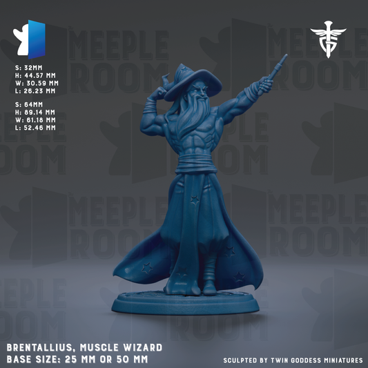 The image is a detailed 3D model of a Muscle Wizard character, specifically Brentallius, with a base size of 25mm or 50mm.
