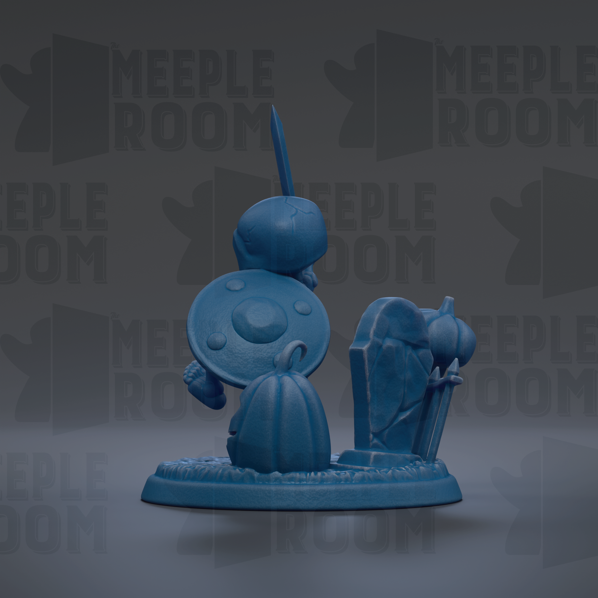 A blue figurine of a person holding a shield and sword, standing on a base with a pumpkin and a gravestone, against a dark background with repeated text.