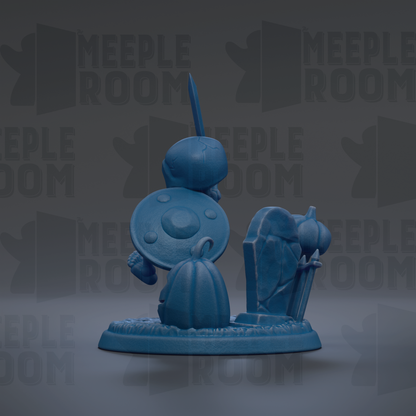 A blue figurine of a person holding a shield and sword, standing on a base with a pumpkin and a gravestone, against a dark background with repeated text.