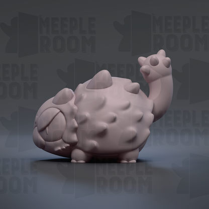 A 3D rendering of a cute, cartoon-like creature with a large head and small body, standing on one leg against a dark background with repeated text.