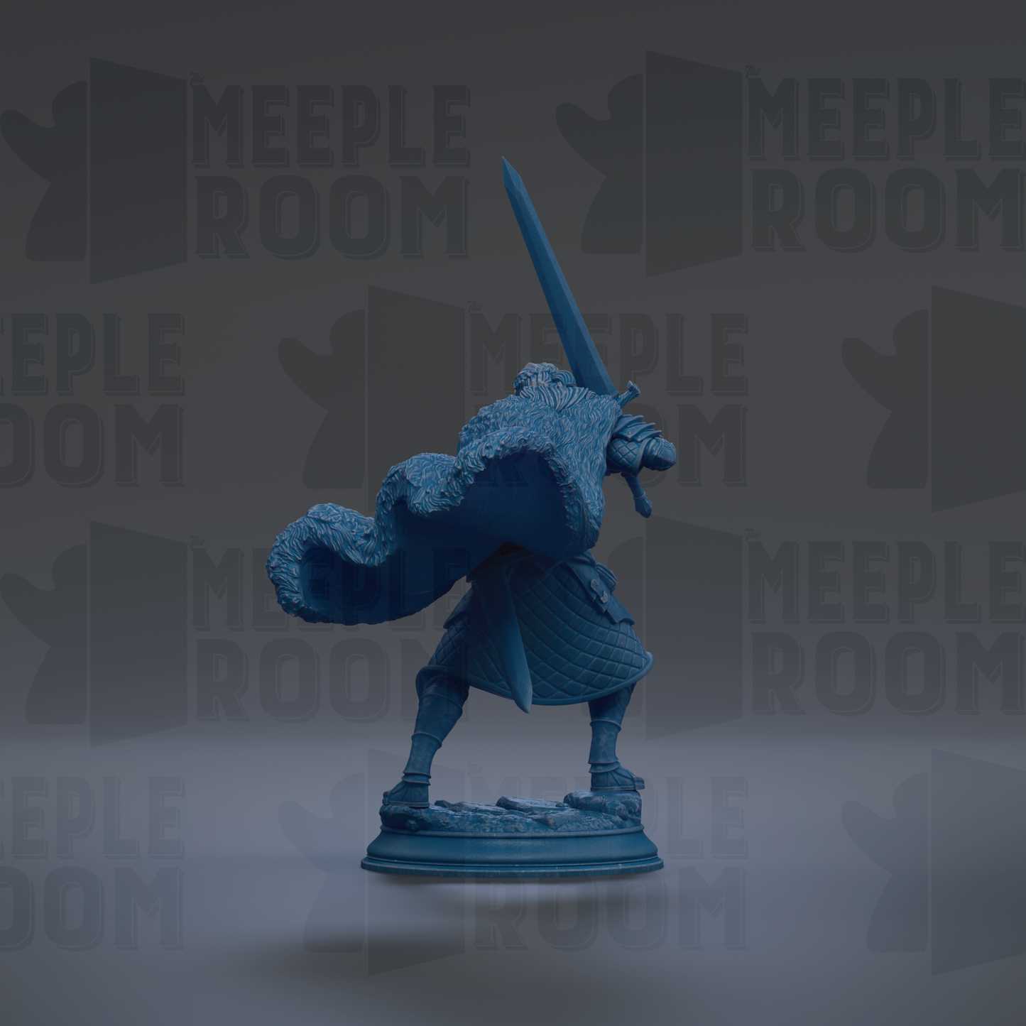 A blue statue of a warrior figure holding a sword stands prominently in the center of the image against a dark background with repeated "MEUPLE ROOM" text.