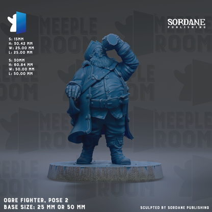 The image is a figurine of an OGRE fighter, a large blue-colored warrior figure, posed on a base size of 25mm or 50mm.