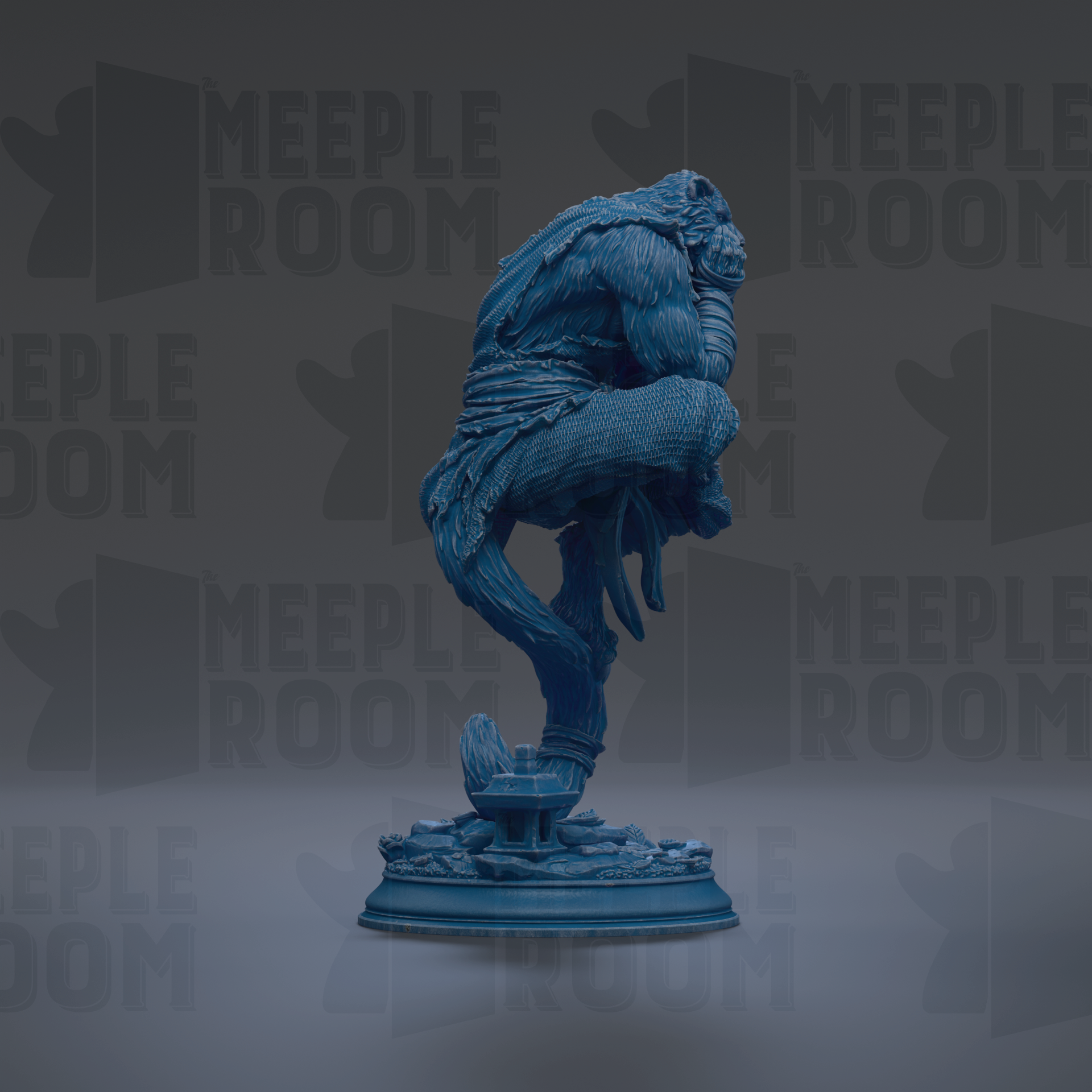 A blue statue of a fantastical creature, possibly a dragon or serpent, standing on a pedestal against a dark background with repeated text.