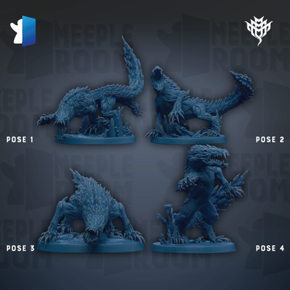 four figurines of fantastical creatures, each with a unique pose, arranged in a grid-like pattern against a dark background.