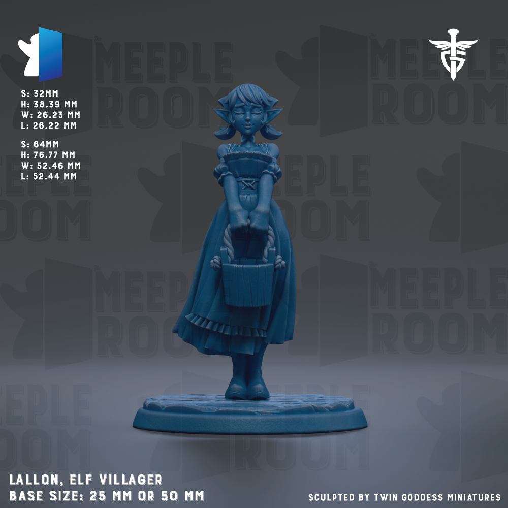 The image is a figurine of an elf villager, specifically a Lallion, which is a character from the video game Meeple Room. The figurine is depicted in a blue color and is standing on a base. The figurine is described as having a height of 5.32mm and a width of 2.22mm. The base size of the figurine is either 25mm or 50mm. The image is a collage of multiple images, and it is described as being sculpted by Twin Goddess Miniatures.