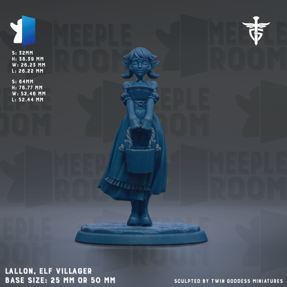 The image is a figurine of an elf villager, specifically a Lallion, which is a character from the video game Meeple Room. The figurine is depicted in a blue color and is standing on a base. The figurine is described as having a height of 5.32mm and a width of 2.22mm. The base size of the figurine is either 25mm or 50mm. The image is a collage of multiple images, and it is described as being sculpted by Twin Goddess Miniatures.