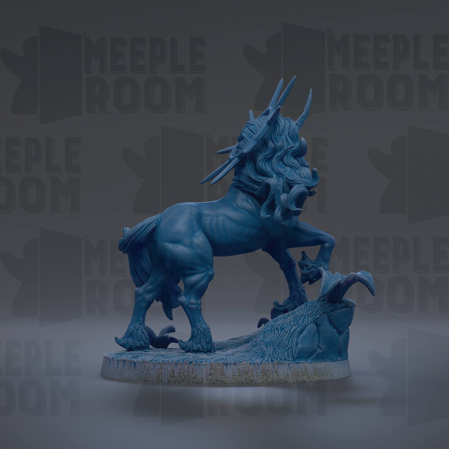 A blue, fantastical statue of a mythical creature with horns and a flowing mane, standing on a rock formation.