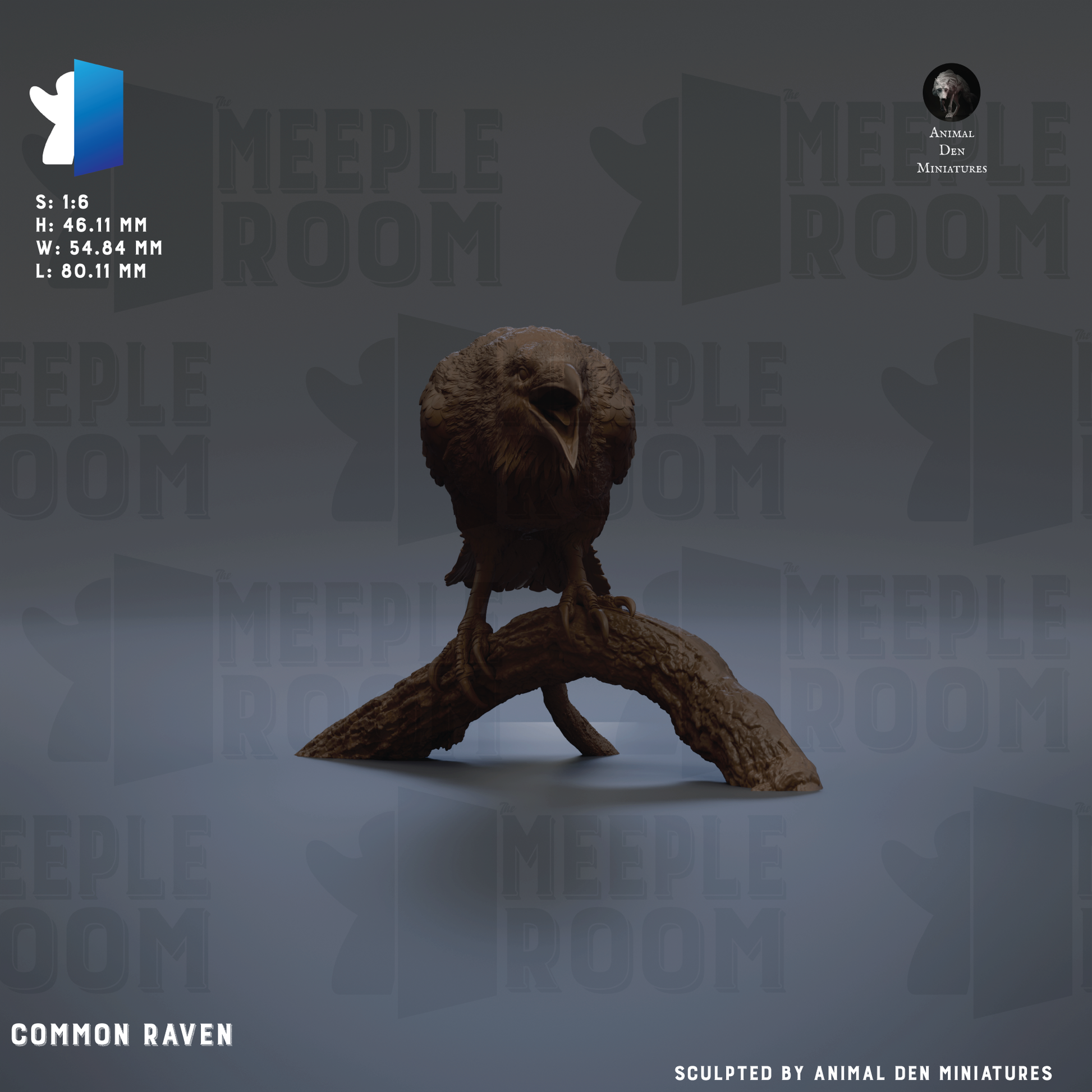 The image is a 3D rendering of a Common Raven, a type of bird, sitting on a branch. The bird is the main focus of the image, and it is the central element in the scene. The background of the image is a dark gray color, which contrasts with the bird and the branch, making it stand out. The image does not contain any text or other objects, and it is a single, static image of the Common Raven.