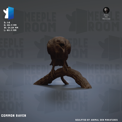 The image is a 3D rendering of a Common Raven, a type of bird, sitting on a branch. The bird is the main focus of the image, and it is the central element in the scene. The background of the image is a dark gray color, which contrasts with the bird and the branch, making it stand out. The image does not contain any text or other objects, and it is a single, static image of the Common Raven.