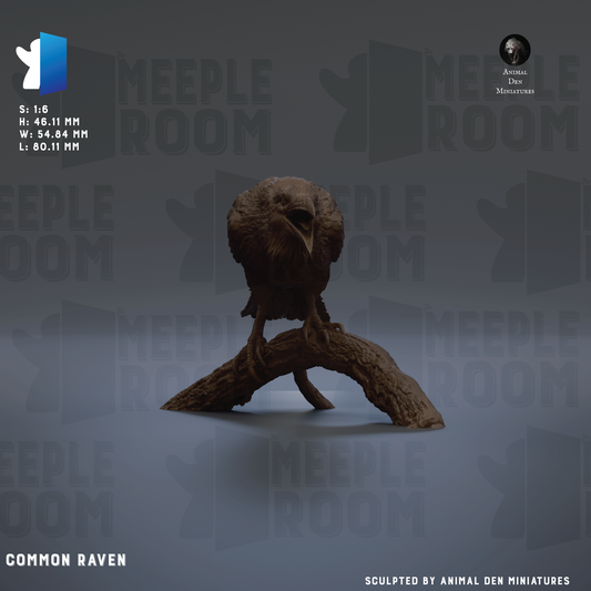 The image is a 3D rendering of a Common Raven, a type of bird, sitting on a branch. The bird is the main focus of the image, and it is the central element in the scene. The background of the image is a dark gray color, which contrasts with the bird and the branch, making it stand out. The image does not contain any text or other objects, and it is a single, static image of the Common Raven.
