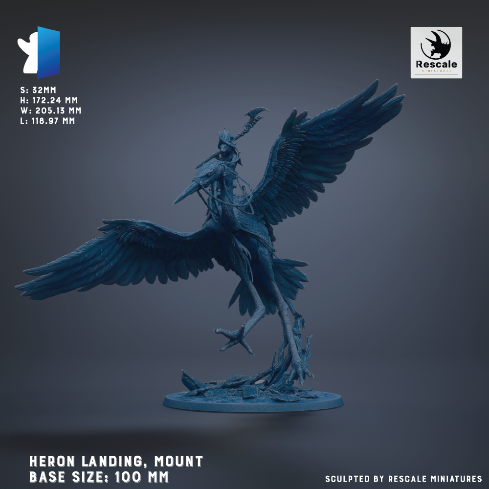A detailed 3D model of a winged creature, likely a mythical or fantastical being, with a large, outstretched wing and a smaller wing on its back. The creature appears to be a combination of a bird and a dragon-like creature, with intricate details and a sense of movement. The image is described as a "Heron Landing, Mount Base Sizes: 100 mm" and is presented by Rescale miniatures.