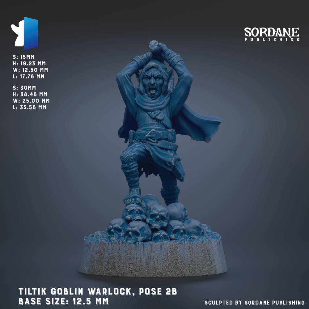 The image is a detailed 3D rendering of a figurine of a warrior figure, specifically a Tiltik Goblin Warlock, posed on a base with a skull-covered platform. The figurine is shown in a dynamic fighting stance, with its arms raised and a determined expression on its face. The base size of the figurine is 12.5 mm.