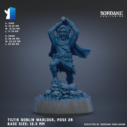 The image is a detailed 3D rendering of a figurine of a warrior figure, specifically a Tiltik Goblin Warlock, posed on a base with a skull-covered platform. The figurine is shown in a dynamic fighting stance, with its arms raised and a determined expression on its face. The base size of the figurine is 12.5 mm.