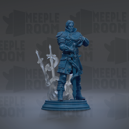 A blue statue of a knight holding a sword and shield, standing on a pedestal against a dark background with repeated text.