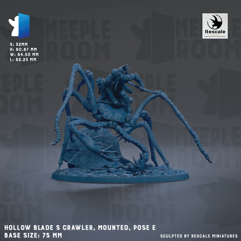 The image is a detailed 3D model of a large blue spider-like creature with multiple legs, situated on a base. The base size is 75 millimeters, and the image is described as a "HOLOGRAPHIC" and "RESCALE" model.