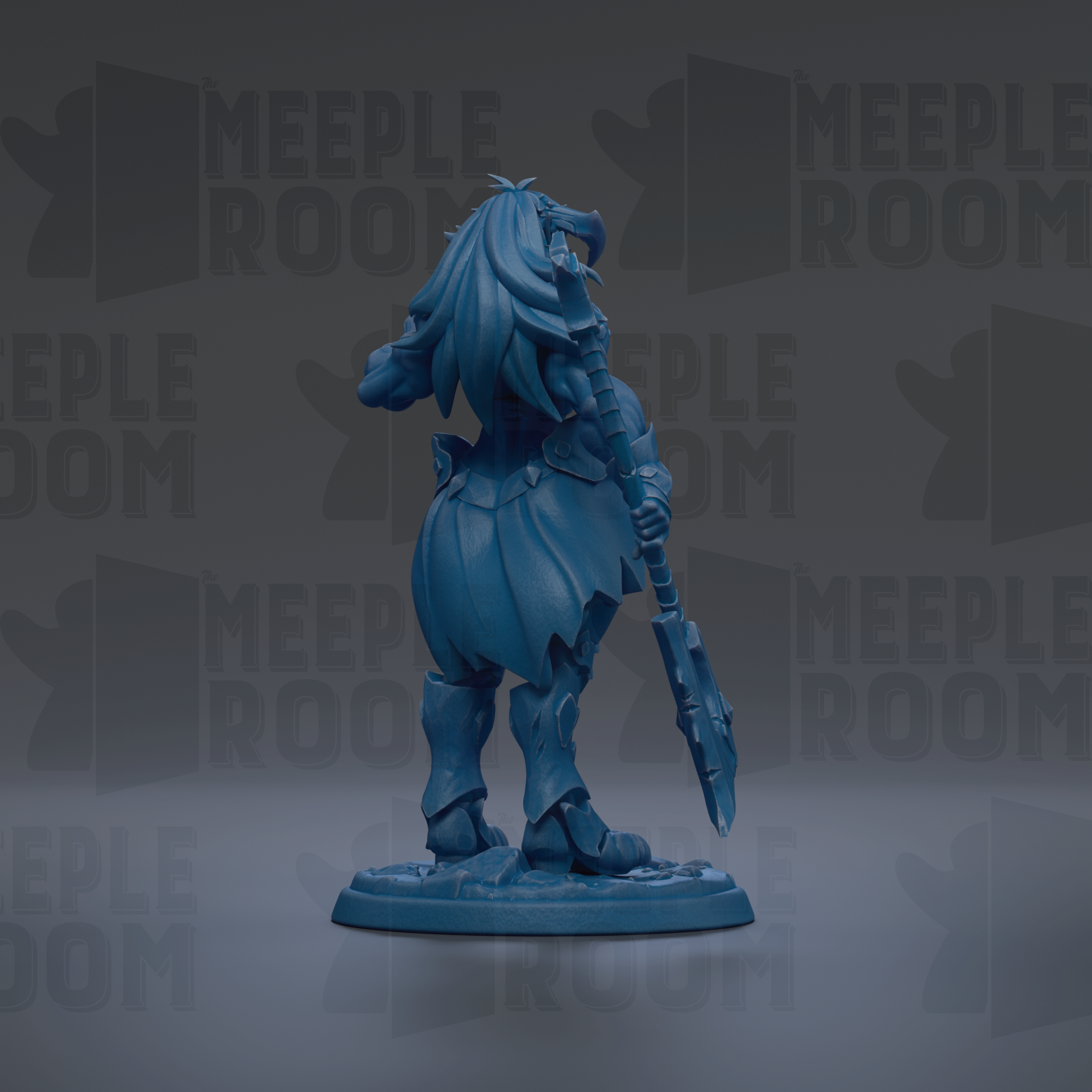 A blue figurine of a warrior-like character with a long, flowing cape and holding a weapon, standing on a base against a dark background with repeated text.