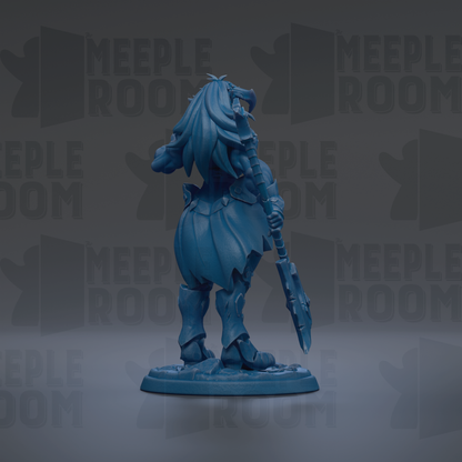 A blue figurine of a warrior-like character with a long, flowing cape and holding a weapon, standing on a base against a dark background with repeated text.