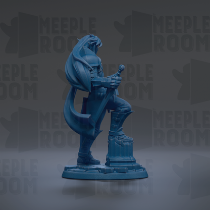 A blue figurine of a person holding a sword and shield, standing on a pedestal.