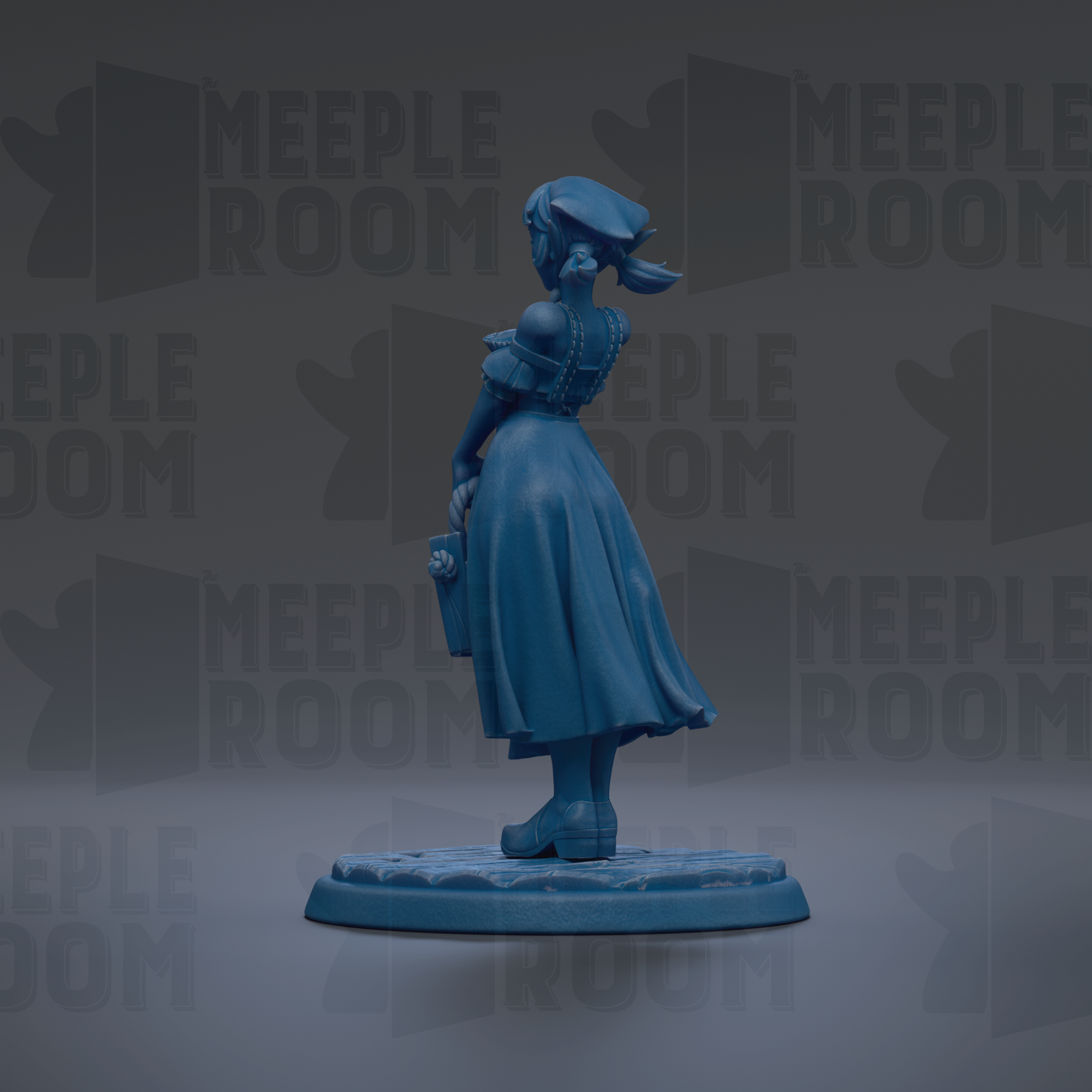 A blue figurine of a woman standing on a base, with the text "MEUPLE ROOM" repeated in the background.