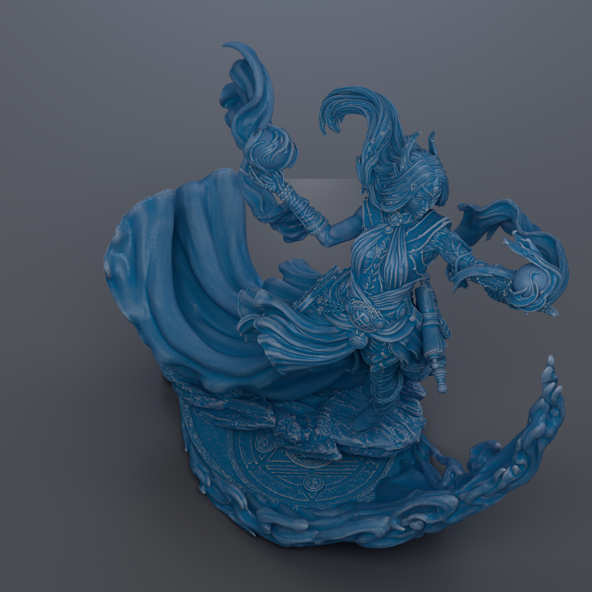 A 3D rendering of a fantastical, blue-colored character with flowing robes and a large headdress, standing on a wave-like platform.