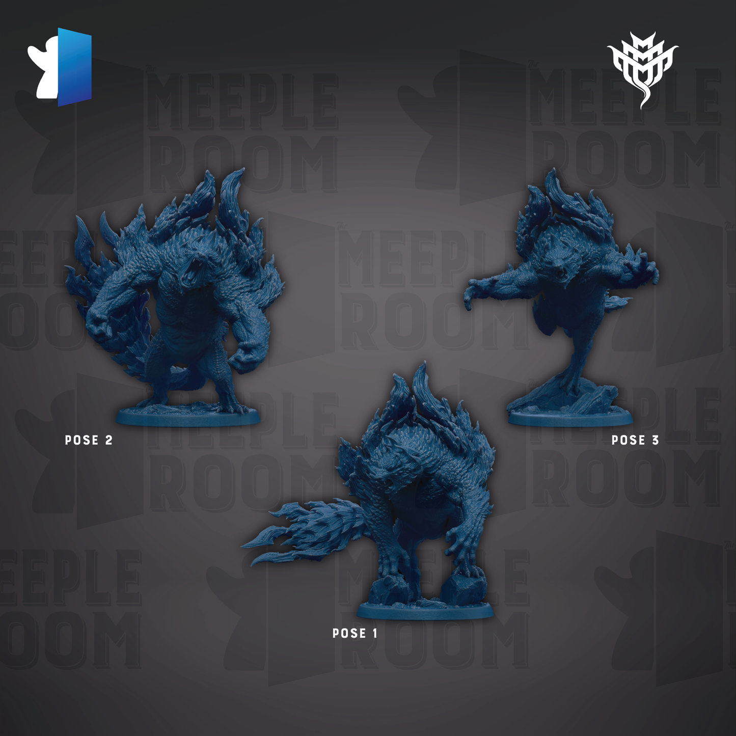 three blue figurines of fantastical creatures, each with a different pose, displayed against a dark background with repeated text.