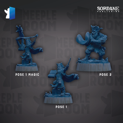three blue figurines of fantasy characters, each with a unique pose, arranged against a dark background with repeated text.