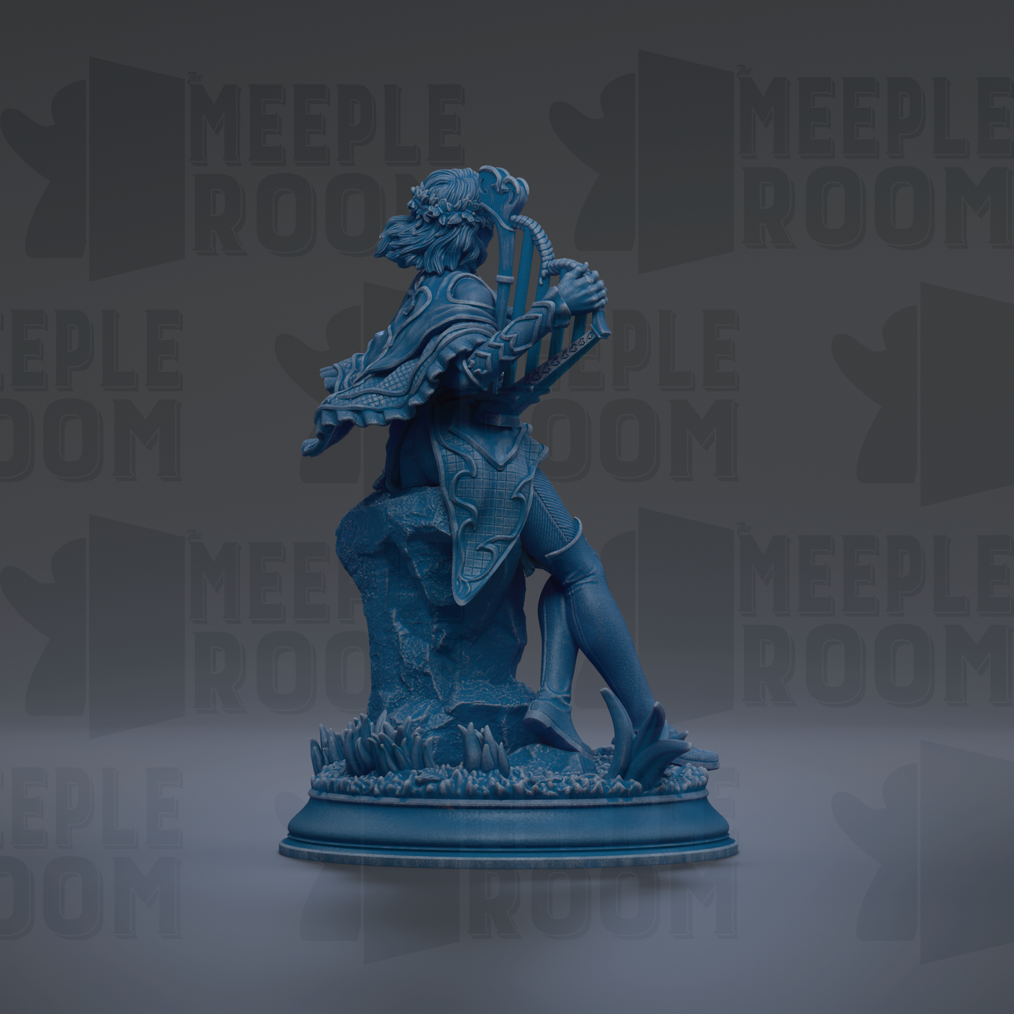A blue statue of a person holding a shield and sword, standing on a pedestal with a rock base.