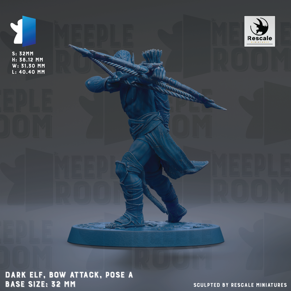 The image is a figurine of a dark elf holding a bow and arrow, standing on a base. The figurine is described as a "Dark Elf, Bow Attack, Pose a Base Size: 32mm".