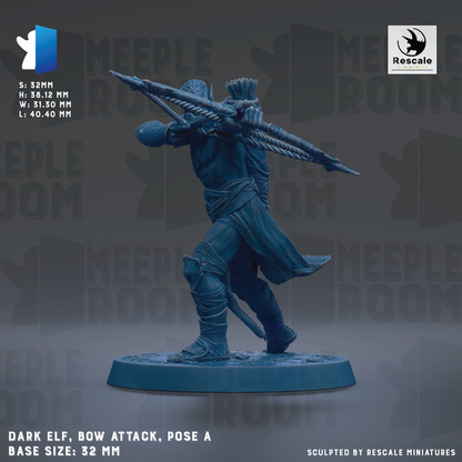 The image is a figurine of a dark elf holding a bow and arrow, standing on a base. The figurine is described as a "Dark Elf, Bow Attack, Pose a Base Size: 32mm".