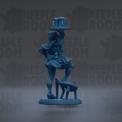 A blue figurine of a person holding a tray with a glass of beer on it, standing on a small stool.