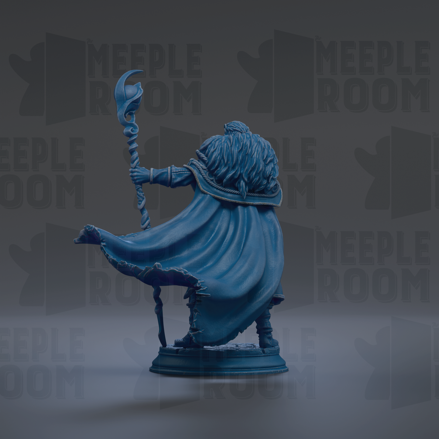 A blue figurine of a person holding a staff and wearing a flowing cape, standing on a pedestal against a dark background with repeated text.