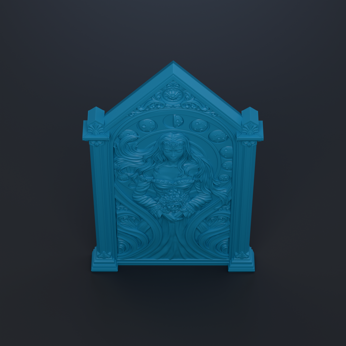 A blue, ornate, and intricately carved wooden structure with a central design featuring a woman's face surrounded by floral elements.