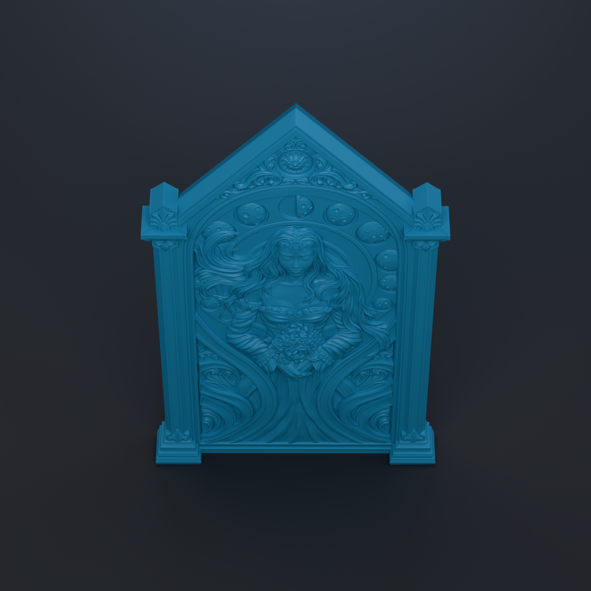 A blue, ornate, and intricately carved wooden structure with a central design featuring a woman's face surrounded by floral elements.