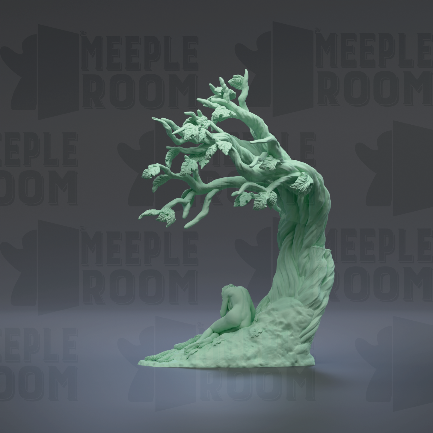 A green, abstract sculpture of a tree-like figure sitting on a rock, with the text "MEUPLE ROOM" repeated in the background.
