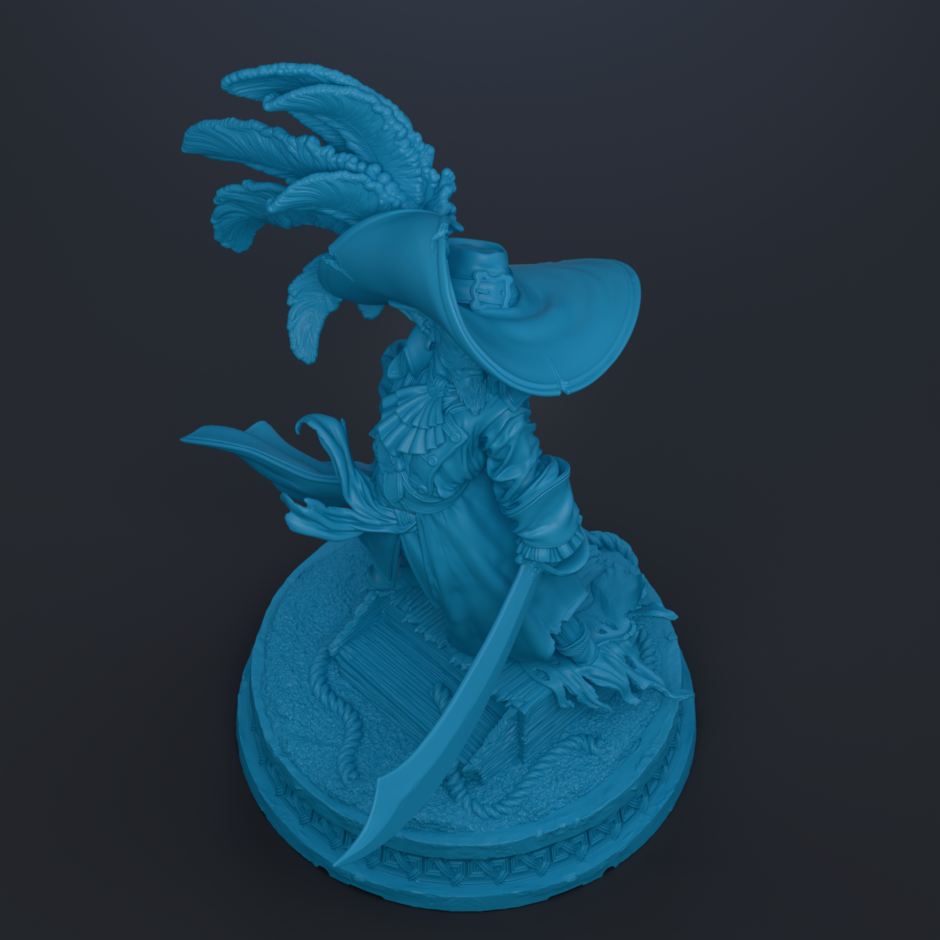 A blue statue of a pirate figure with a large hat, sword, and other pirate-themed accessories.