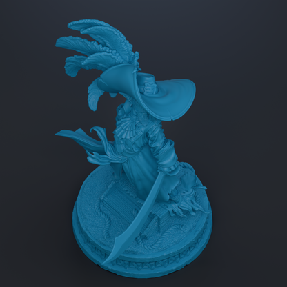 A blue statue of a pirate figure with a large hat, sword, and other pirate-themed accessories.