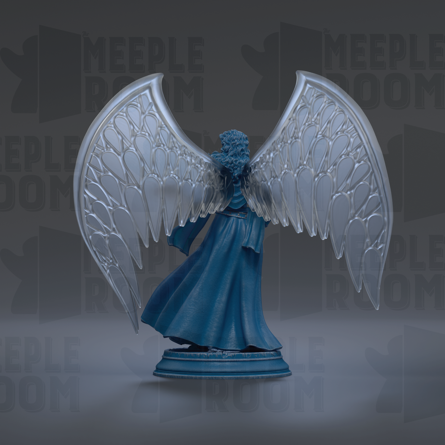 A statue of a winged figure with a flowing blue dress stands against a dark background with repeated text.