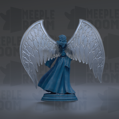 A statue of a winged figure with a flowing blue dress stands against a dark background with repeated text.