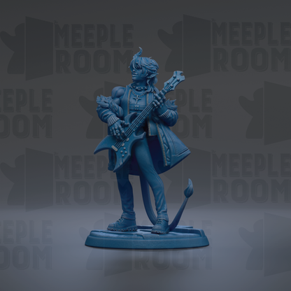 A blue figurine of a person playing a guitar, standing on a base.