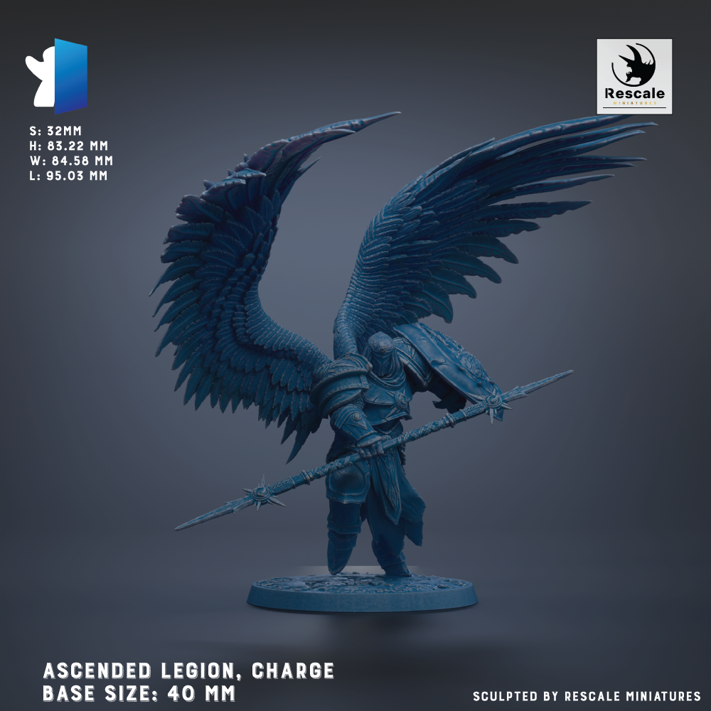 a detailed figurine of an armored warrior wielding a spear and shield, standing on a base. The figurine is described as an "ascended legion, charge" and is "40 mm" in height. The base sizes are "40 mm" and "50 mm". The figurine is sculpted by Rescue miniatures.