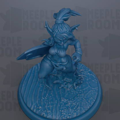 A blue figurine of a female character with a large head and long hair, standing on a blue base and holding a weapon.