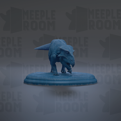 A 3D rendering of a dinosaur statue on a blue platform, with the text "MEUPLE ROOM" repeated in the background.