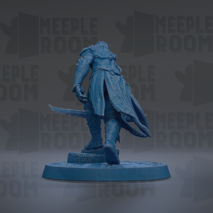 A blue figurine of a warrior standing on a platform, holding a sword in one hand and a shield in the other.