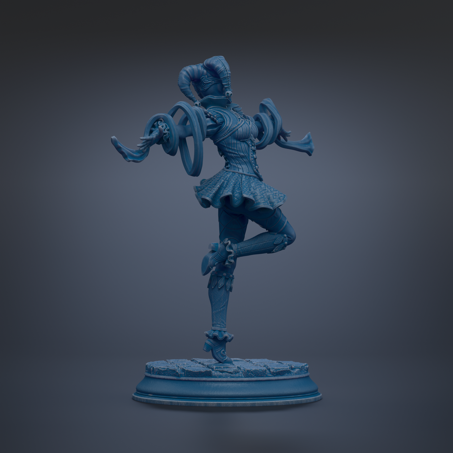 A blue statue of a figure with horns and a flowing skirt, standing on a pedestal.